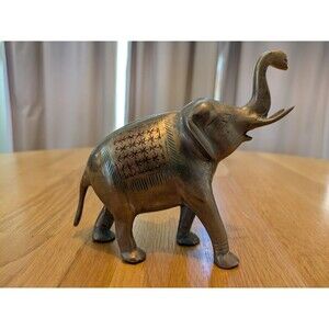 Vintage Brass Etched Painted Elephant Sculpture Trunk Up! Figurine Small 5x5 MCM
